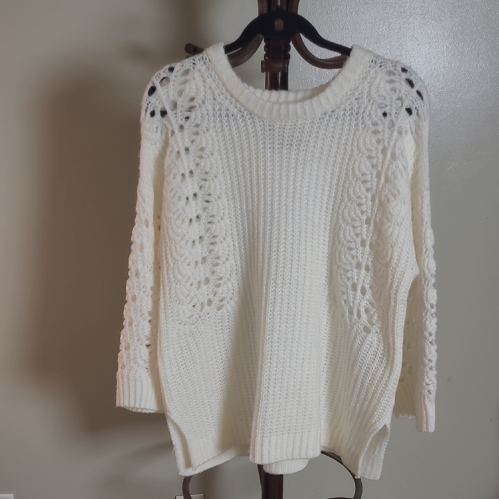 Anthropologie Cream Openwork Cable-Knit Crewneck Sweater
